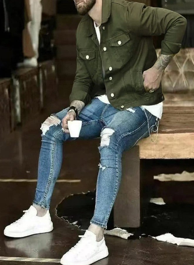 CHARTOU Men's Denim Jacket Casual Regular Fit Button Down Long Sleeve Jean Trucker Jacket (X-Large, Army Green) - Image 5